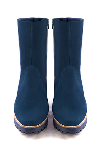 Navy blue women's ankle boots with a zip on the inside. Round toe. Low rubber soles. Top view - Florence KOOIJMAN